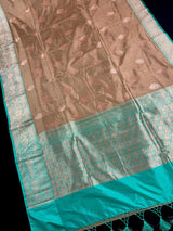 Silk Mark Certified Chiku & Turquoise Kadhua saree in pure katan silk with kadhua weave with meenakari flower butta — Kaash Collection