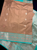 Silk Mark Certified Chiku & Turquoise Kadhua saree in pure katan silk with kadhua weave with meenakari flower butta — Kaash Collection