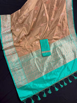 Silk Mark Certified Chiku & Turquoise Kadhua saree in pure katan silk with kadhua weave with meenakari flower butta — Kaash Collection