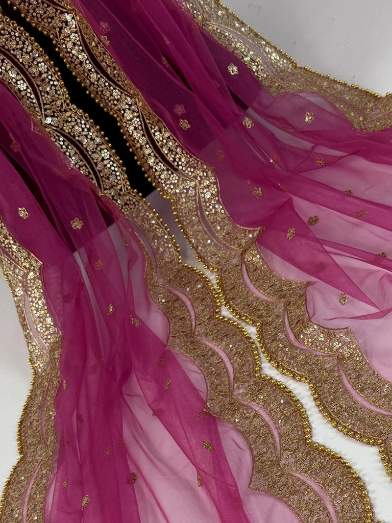 China Rose net dupatta with gold zari, sequin & beads — Kaash Collection