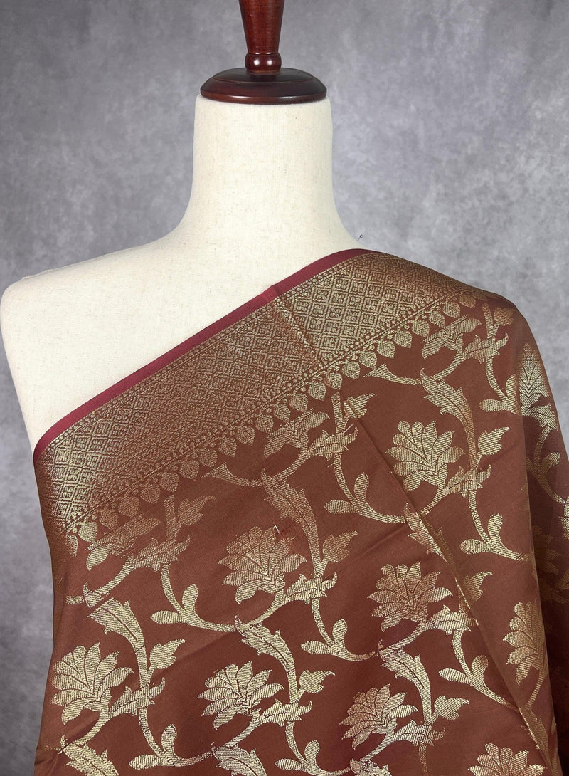 Chocolate Brown Banarasi Floral dupatta in banarasi silk (non-pure) with floral jaal with muted gold zari — Kaash Collection