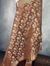 Chocolate Brown Banarasi Floral dupatta in banarasi silk (non-pure) with floral jaal with muted gold zari — Kaash Collection