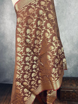 Chocolate Brown Banarasi Floral dupatta in banarasi silk (non-pure) with floral jaal with muted gold zari — Kaash Collection