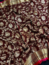 Chocolate Linen Jamdani saree in linen jamdani with floral zari jaal on linen jamdani — Kaash Collection