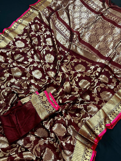 Chocolate Color Linen Jamdani Handloom Saree with Floral Jaal - Kaash