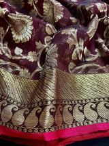 Chocolate Linen Jamdani saree in linen jamdani with floral zari jaal on linen jamdani — Kaash Collection