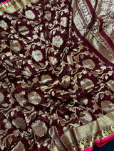 Chocolate Linen Jamdani saree in linen jamdani with floral zari jaal on linen jamdani — Kaash Collection