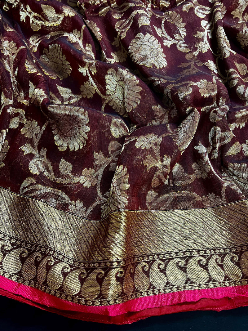 Chocolate Color Linen Jamdani Handloom Saree with Floral Jaal | Linen Saree | Jamdani | Handloom Sarees | Gift for Her - Kaash