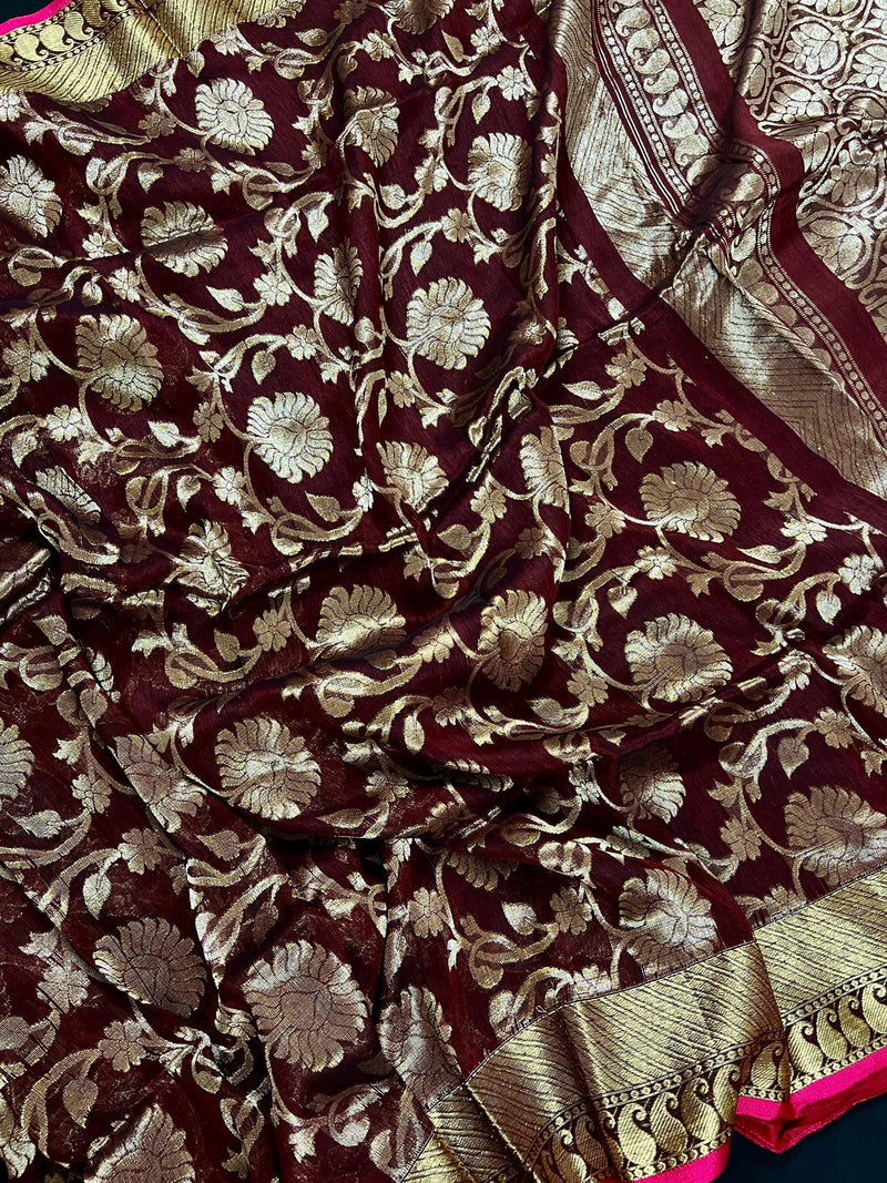 Chocolate Color Linen Jamdani Handloom Saree with Floral Jaal | Linen Saree | Jamdani | Handloom Sarees | Gift for Her - Kaash