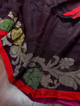 Coffee Linen Handloom with Red Strip saree in linen handloom with red strip border with resham zari & meenakari — Kaash Collection