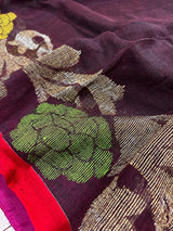 Coffee Linen Handloom with Red Strip saree in linen handloom with red strip border with resham zari & meenakari — Kaash Collection