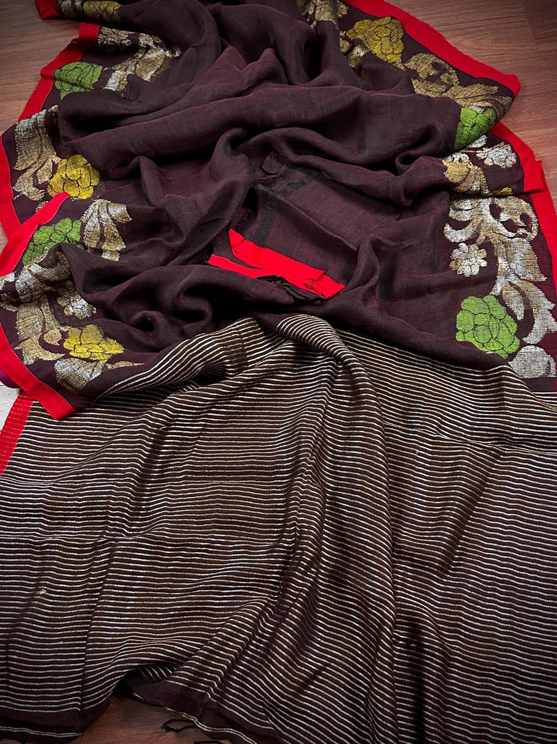 Coffee Linen Handloom with Red Strip saree in linen handloom with red strip border with resham zari & meenakari — Kaash Collection