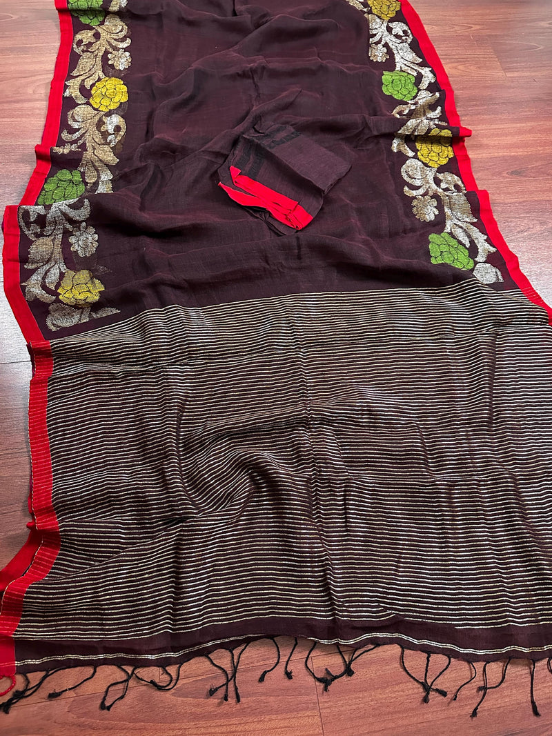 Coffee Color Linen Handloom Saree with Floral Pattern | Linen Saree | Handwoven Sarees | Gift for Her | Bengal Sarees | Meenakari - Kaash