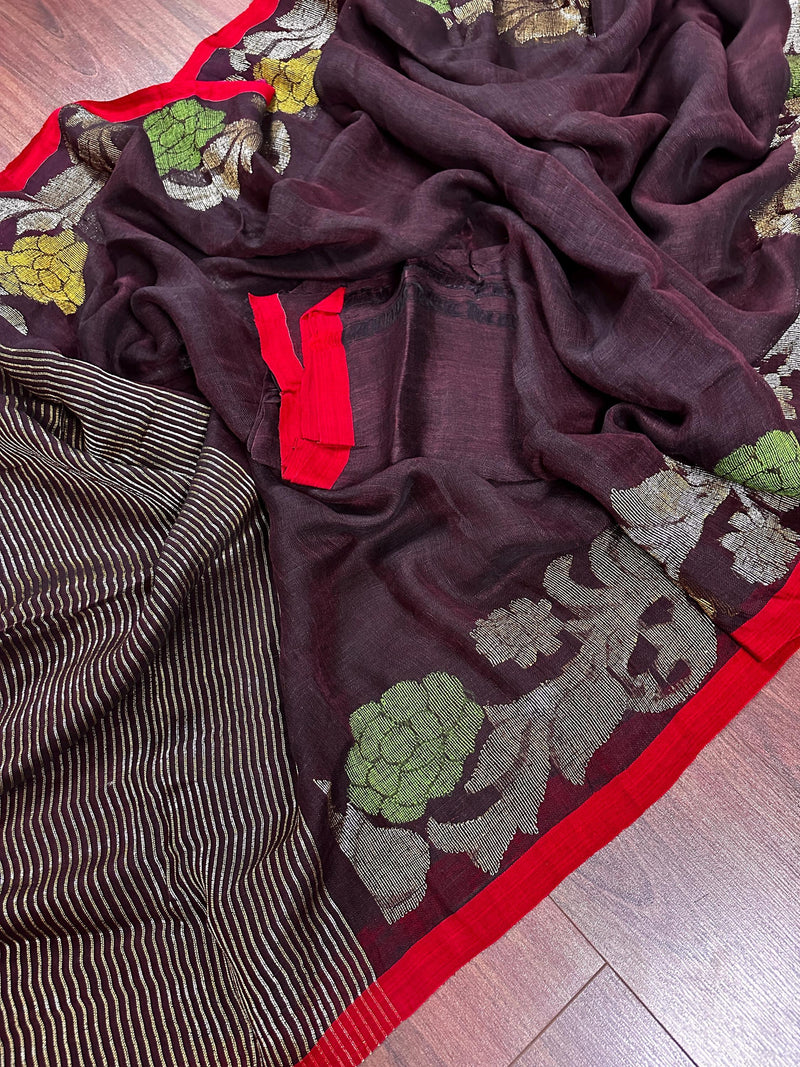 Coffee Color Linen Handloom Saree with Floral Pattern | Linen Saree | Handwoven Sarees | Gift for Her | Bengal Sarees | Meenakari - Kaash