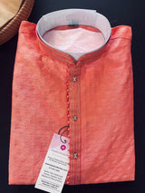 Coral Color Raw Silk Kurta Pajama Set for Men | Self Design Embroidery Buttis | Wedding Kurta | Groomsmen Kurta | Kurta Store in USA - Kaash