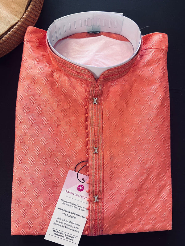Coral Color Raw Silk Kurta Pajama Set for Men | Self Design Embroidery Buttis | Wedding Kurta | Groomsmen Kurta | Kurta Store in USA - Kaash