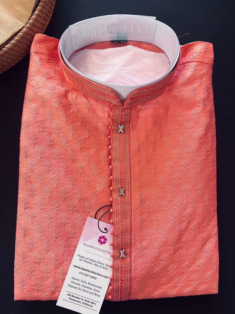 Coral Color Raw Silk Kurta Pajama Set for Men | Self Design Embroidery Buttis | Wedding Kurta | Groomsmen Kurta | Kurta Store in USA - Kaash