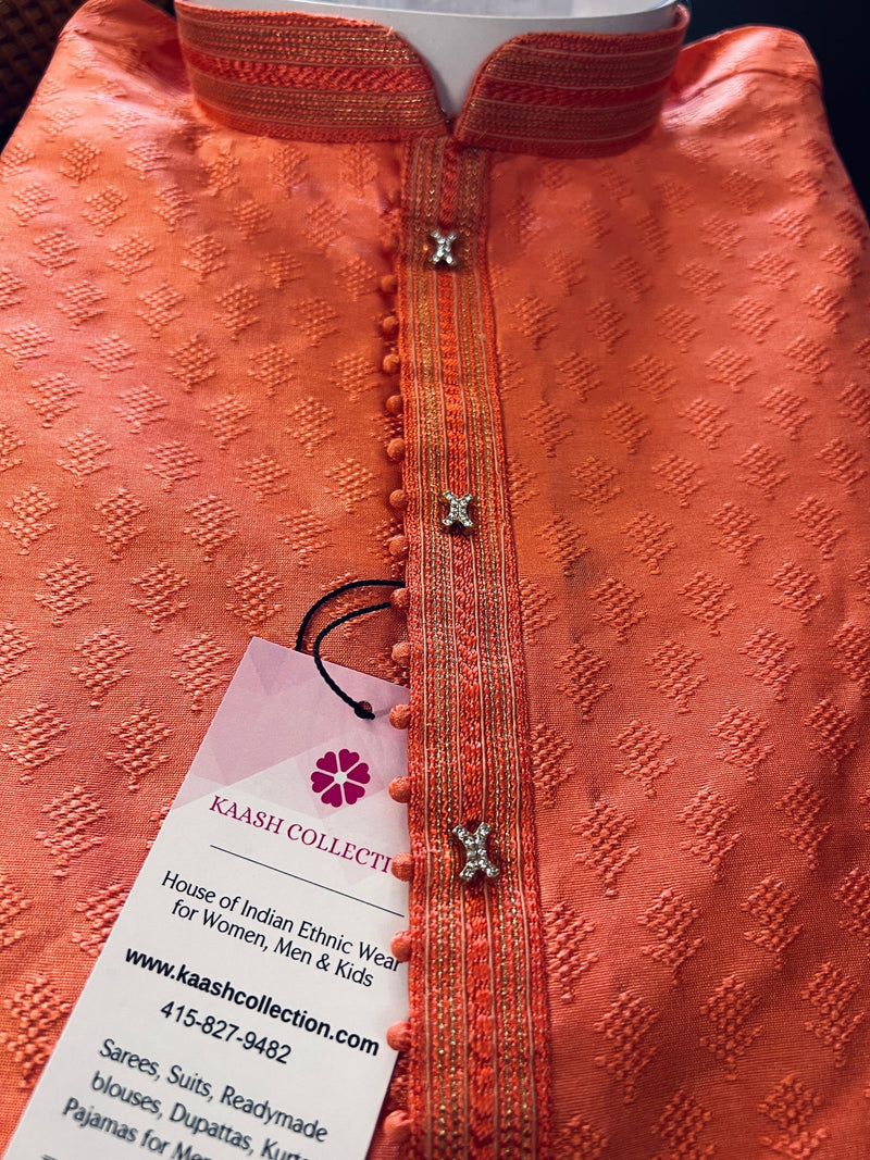 Coral Color Raw Silk Kurta Pajama Set for Men | Self Design Embroidery Buttis | Wedding Kurta | Groomsmen Kurta | Kurta Store in USA - Kaash