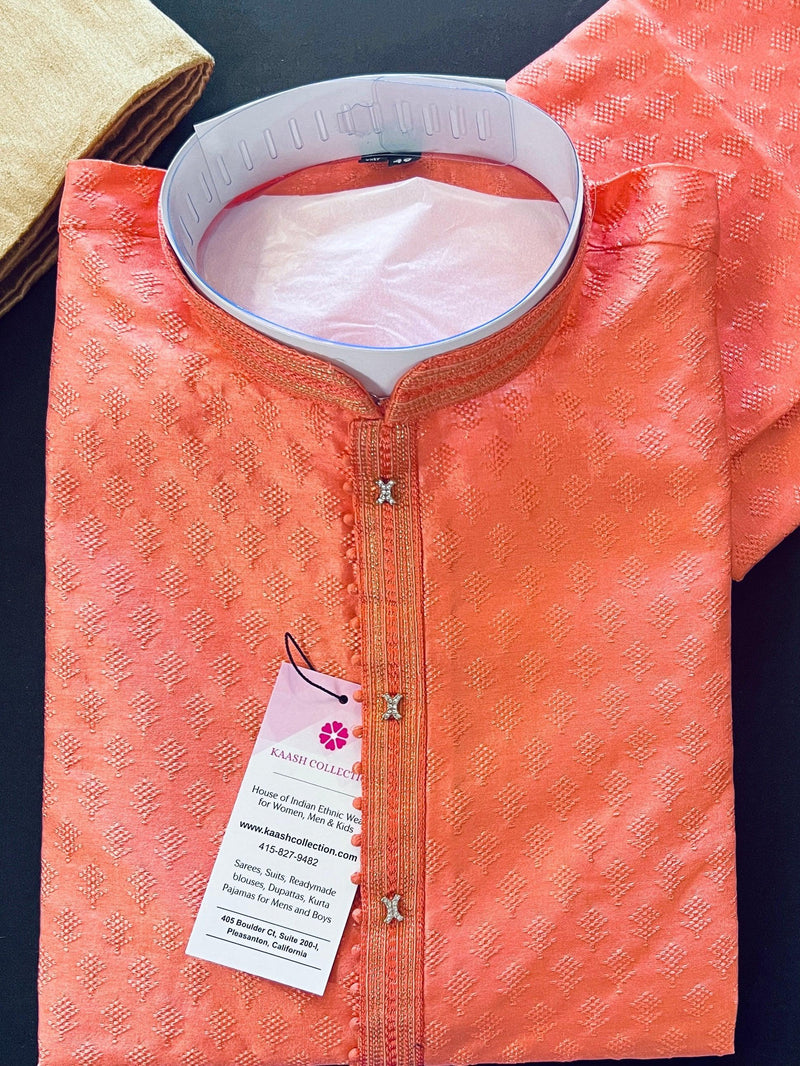 Coral Color Raw Silk Kurta Pajama Set for Men | Self Design Embroidery Buttis | Wedding Kurta | Groomsmen Kurta | Kurta Store in USA - Kaash