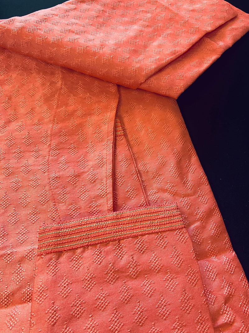 Coral Color Raw Silk Kurta Pajama Set for Men | Self Design Embroidery Buttis | Wedding Kurta | Groomsmen Kurta | Kurta Store in USA - Kaash