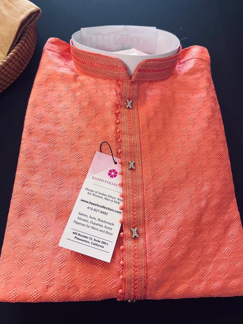 Coral Color Raw Silk Kurta Pajama Set for Men | Self Design Embroidery Buttis | Wedding Kurta | Groomsmen Kurta | Kurta Store in USA - Kaash