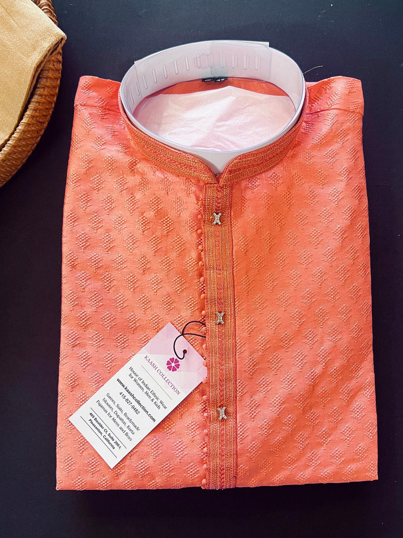 Coral Color Raw Silk Kurta Pajama Set for Men | Self Design Embroidery Buttis | Wedding Kurta | Groomsmen Kurta | Kurta Store in USA - Kaash