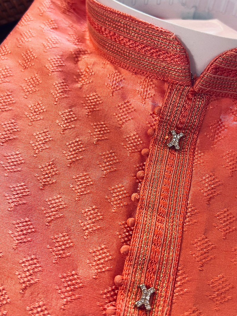 Coral Color Raw Silk Kurta Pajama Set for Men | Self Design Embroidery Buttis | Wedding Kurta | Groomsmen Kurta | Kurta Store in USA - Kaash