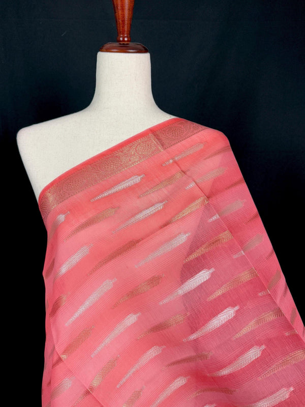 Coral Peach Color Benarasi Handwoven Cotton Silk Dupatta with Zari Weaving in Sliver and Copper | Dupatta | Stole - Kaash