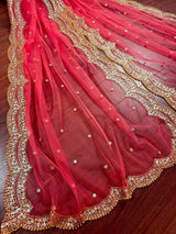 Coral Peach Color Net Dupatta with Gold Zari, Sequin and Beads - Kaash
