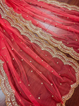 Coral Peach Color Net Dupatta with Gold Zari, Sequin and Beads - Kaash