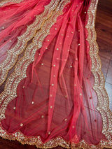 Coral Peach Color Net Dupatta with Gold Zari, Sequin and Beads - Kaash
