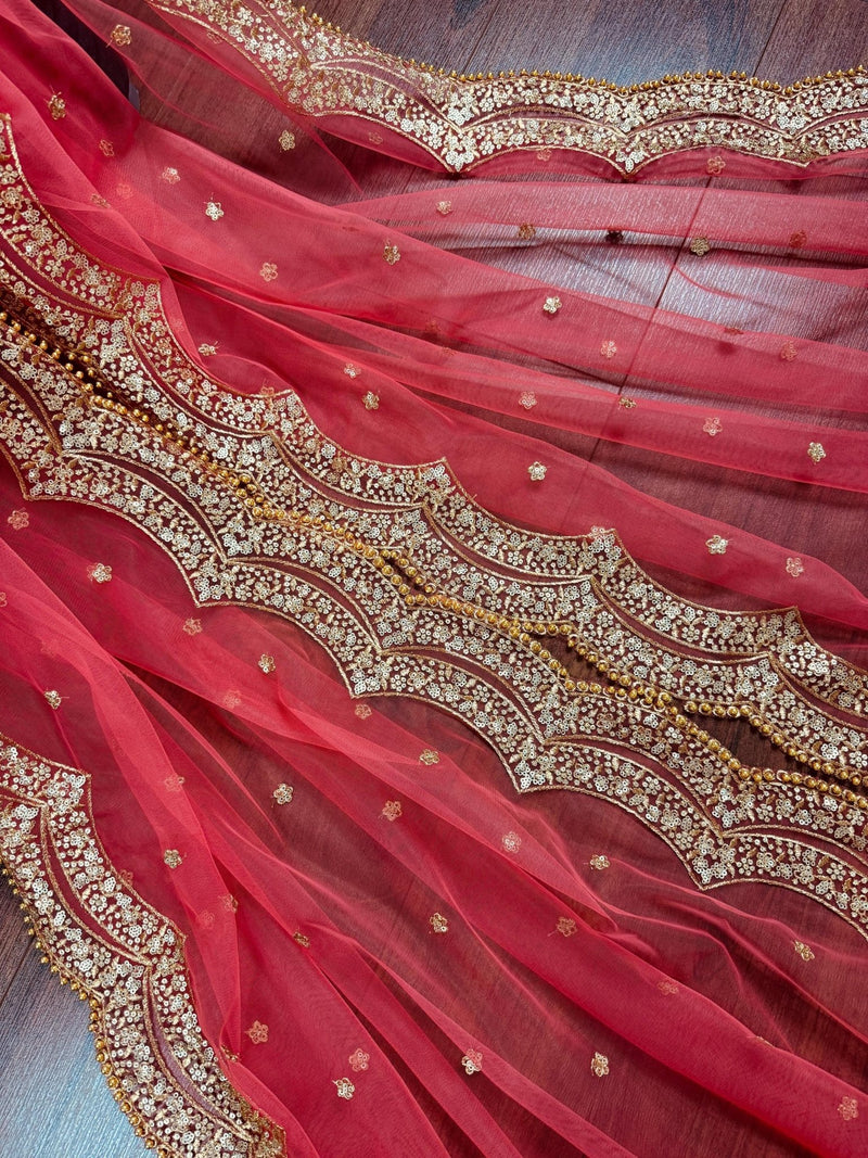 Coral Peach Color Net Dupatta with Gold Zari, Sequin and Beads - Kaash