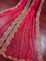 Coral Peach Color Net Dupatta with Gold Zari, Sequin and Beads - Kaash
