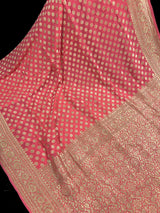 Silk Mark Certified Coral Peach Pure Khaddi Georgette saree in pure khaddi georgette silk with muted gold zari handweaving on khaddi — Kaash Collection