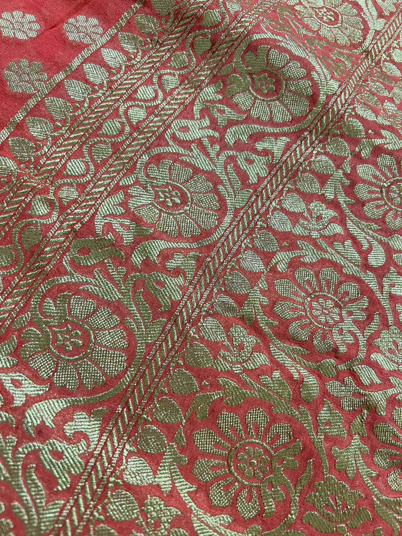 Coral Peach Color Pure Khaddi Georgette Banarasi Silk Saree with Muted Gold Weave | SILK MARK CERTIFIED - Kaash