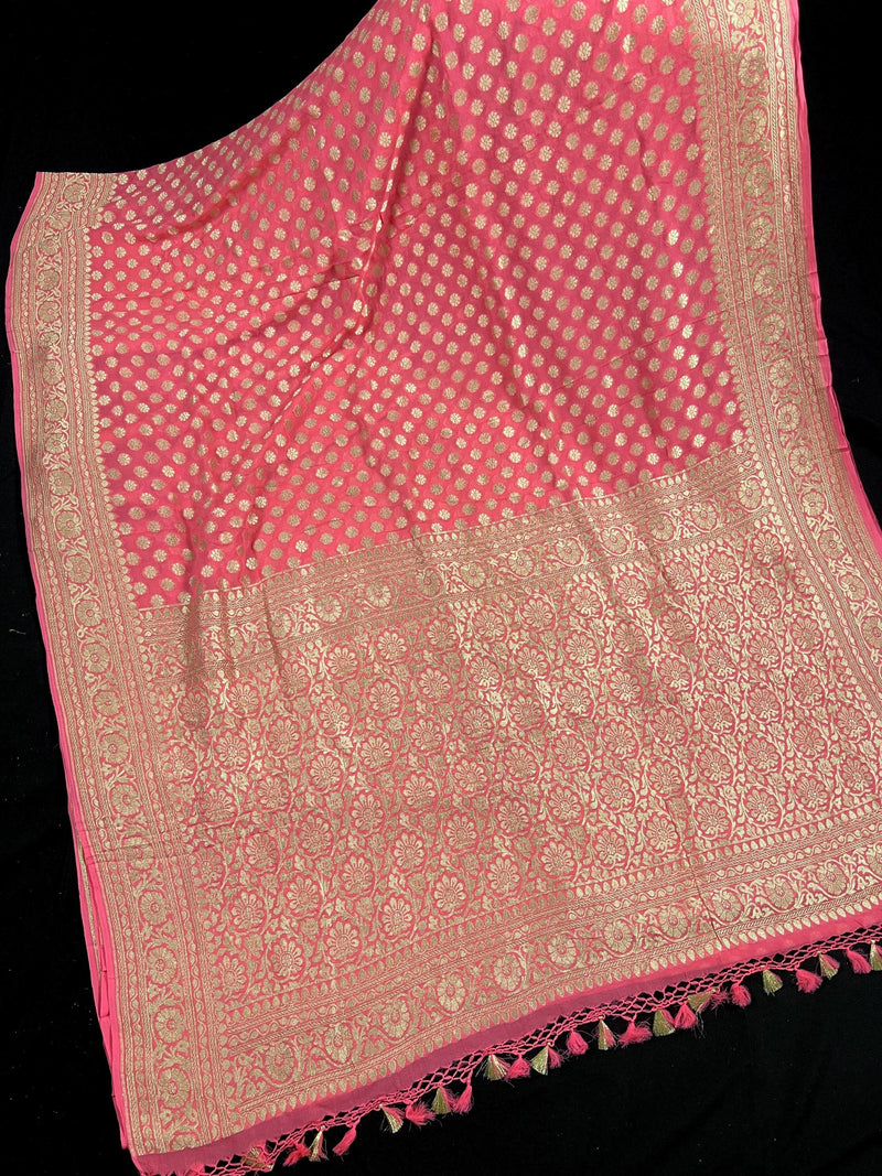 Coral Peach Color Pure Khaddi Georgette Banarasi Silk Saree with Muted Gold Weave | SILK MARK CERTIFIED - Kaash