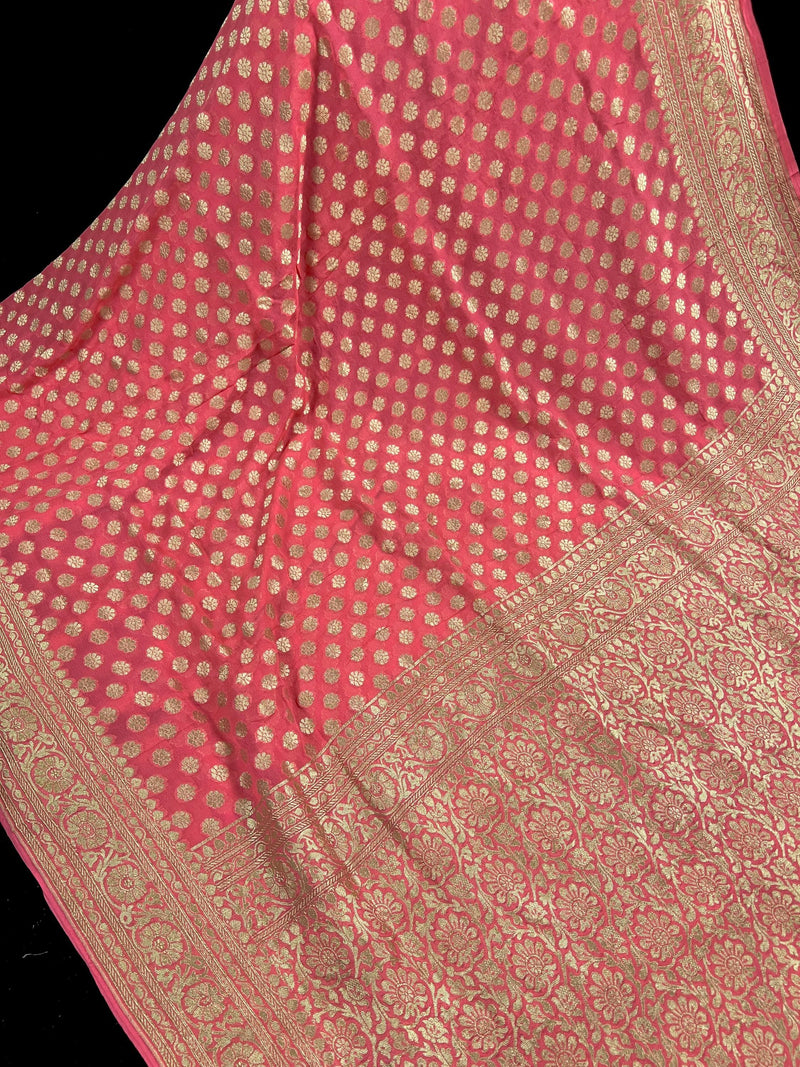 Coral Peach Color Pure Khaddi Georgette Banarasi Silk Saree with Muted Gold Weave | SILK MARK CERTIFIED - Kaash
