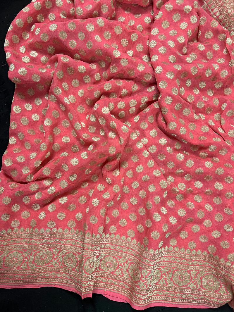 Coral Peach Color Pure Khaddi Georgette Banarasi Silk Saree with Muted Gold Weave | SILK MARK CERTIFIED - Kaash