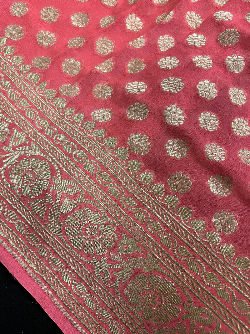 Coral Peach Color Pure Khaddi Georgette Banarasi Silk Saree with Muted Gold Weave | SILK MARK CERTIFIED - Kaash