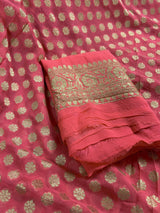 Coral Peach Color Pure Khaddi Georgette Banarasi Silk Saree with Muted Gold Weave | SILK MARK CERTIFIED - Kaash