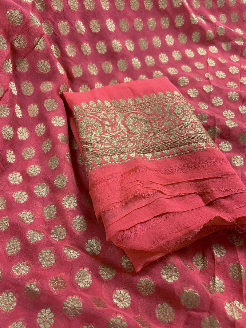 Coral Peach Color Pure Khaddi Georgette Banarasi Silk Saree with Muted Gold Weave | SILK MARK CERTIFIED - Kaash