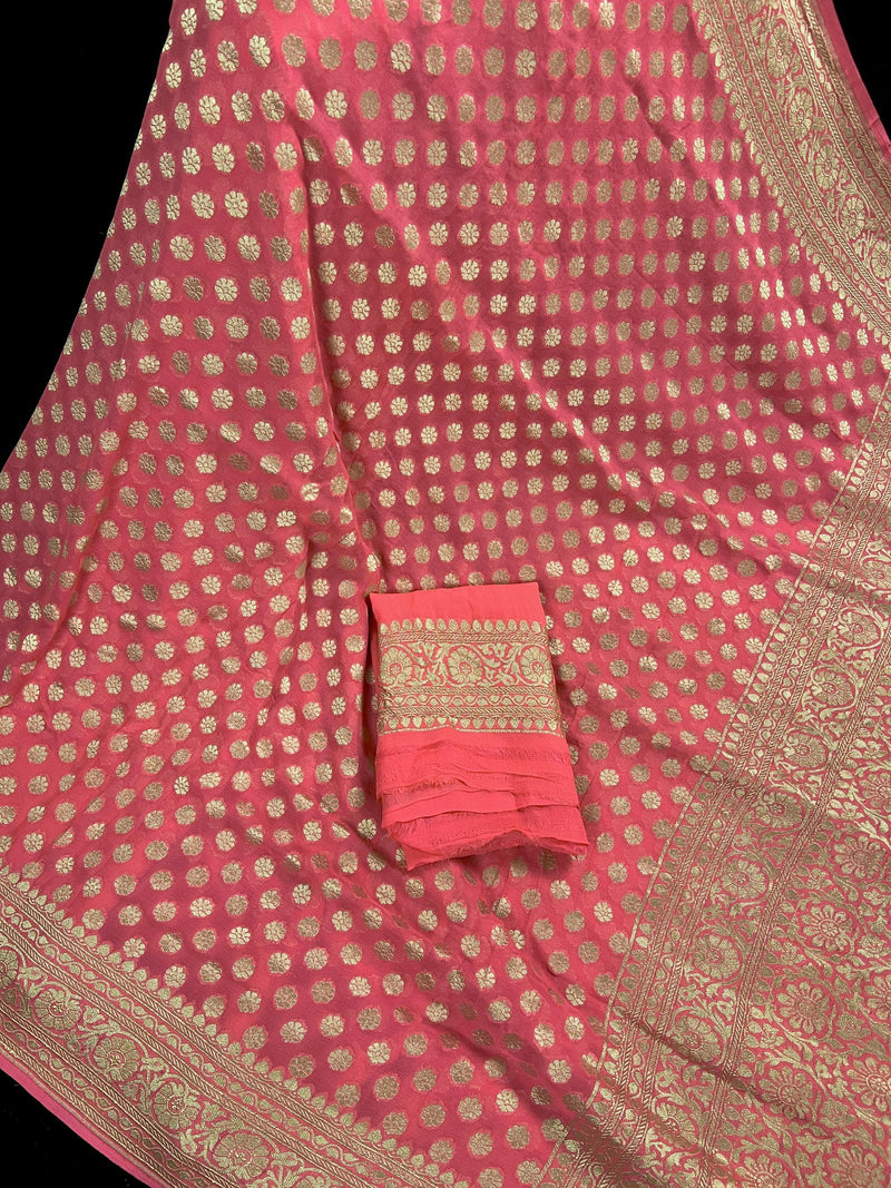 Coral Peach Color Pure Khaddi Georgette Banarasi Silk Saree with Muted Gold Weave | SILK MARK CERTIFIED - Kaash