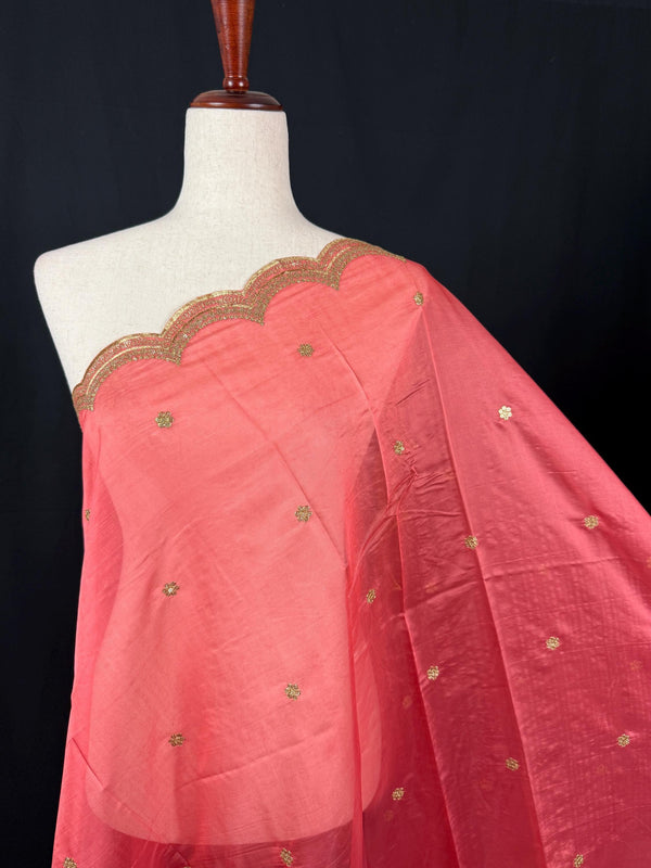 Coral Peach Color Soft Organza Dupatta with Embroidery, Sequin and Zari on Borders with small buttis - Kaash