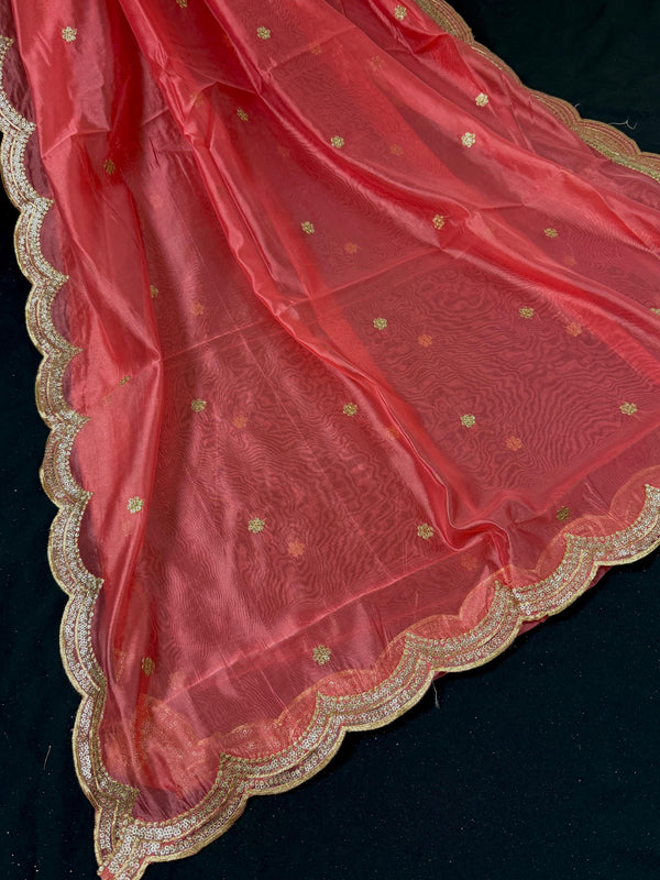 Coral Peach Color Soft Organza Dupatta with Embroidery, Sequin and Zari on Borders with small buttis - Kaash