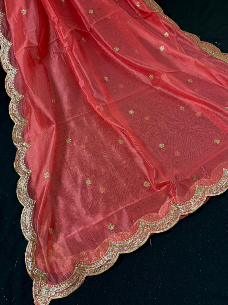 Coral Peach Color Soft Organza Dupatta with Embroidery, Sequin and Zari on Borders with small buttis - Kaash