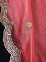 Coral Peach Color Soft Organza Dupatta with Embroidery, Sequin and Zari on Borders with small buttis - Kaash