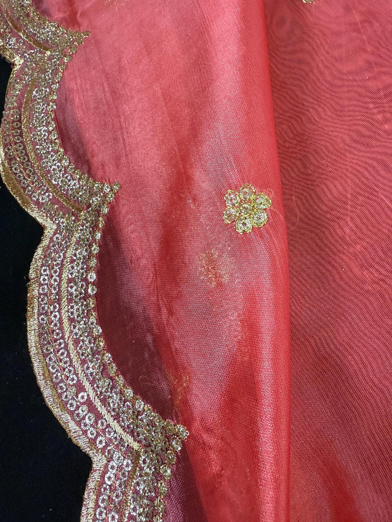 Coral Peach Color Soft Organza Dupatta with Embroidery, Sequin and Zari on Borders with small buttis - Kaash