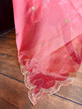 Coral Peach Color Soft Organza Dupatta with Embroidery, Sequin and Zari on Borders with small buttis - Kaash