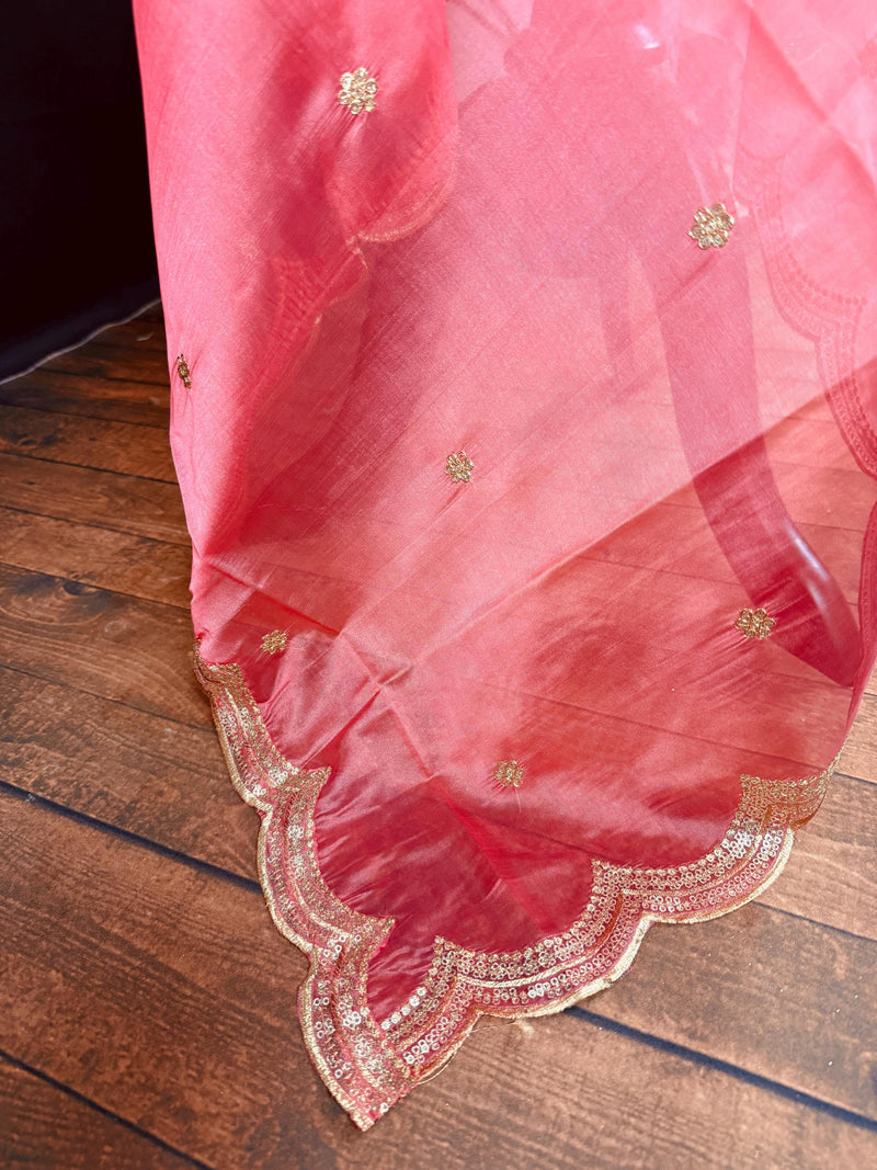 Coral Peach Color Soft Organza Dupatta with Embroidery, Sequin and Zari on Borders with small buttis - Kaash