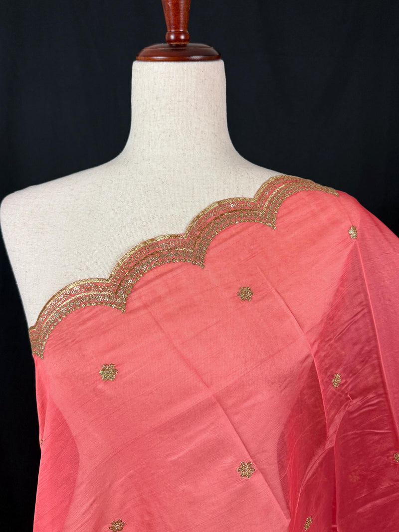 Coral Peach Color Soft Organza Dupatta with Embroidery, Sequin and Zari on Borders with small buttis - Kaash